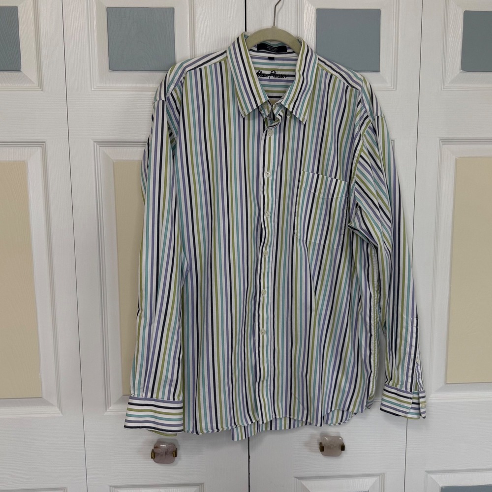 Alan Flusser Mens XXL Button Down Shirt Multi Color Striped 100% Cotton Long Slv